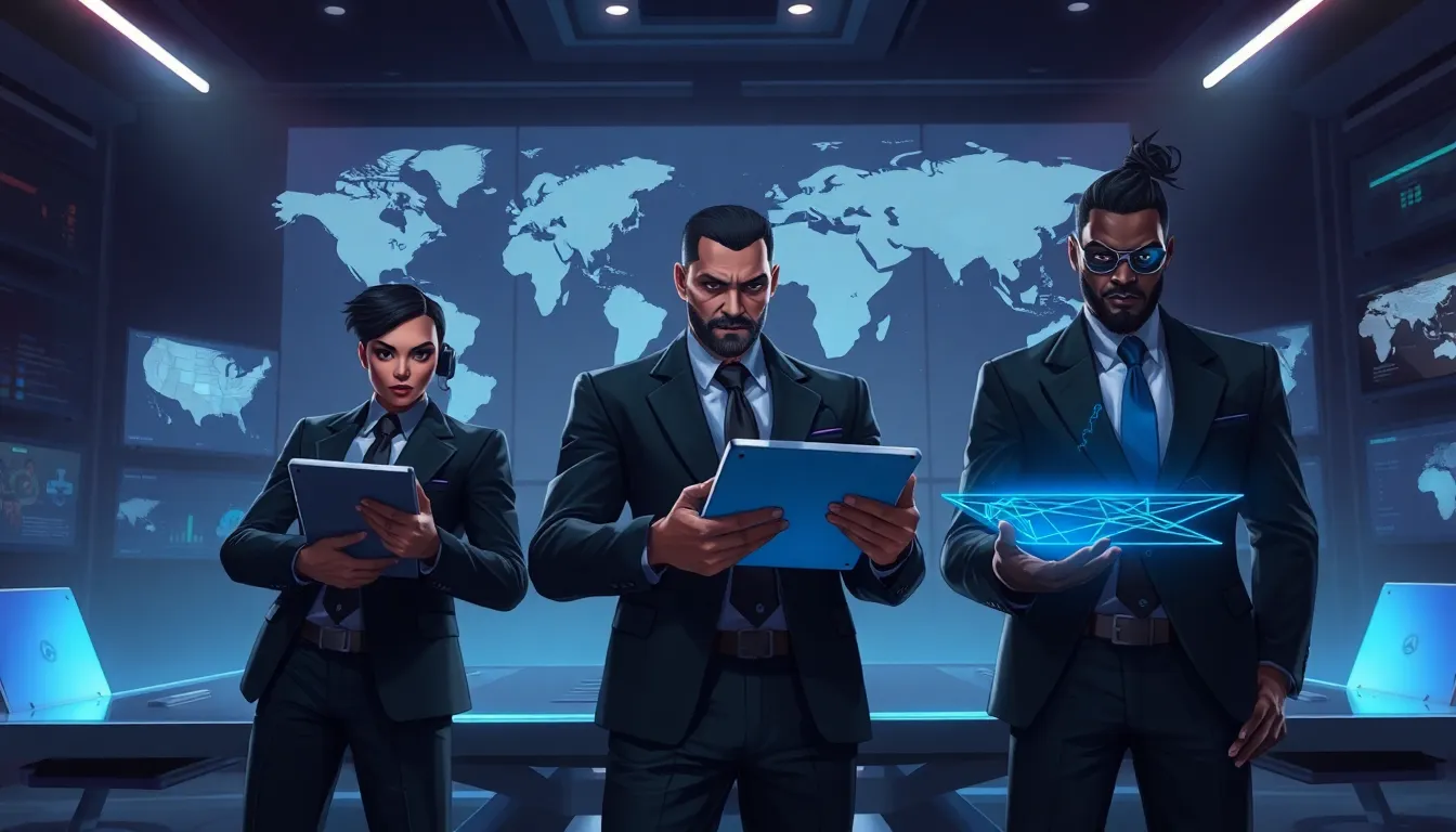 Diverse professionals strategizing in a modern, shadowy corporate war room.