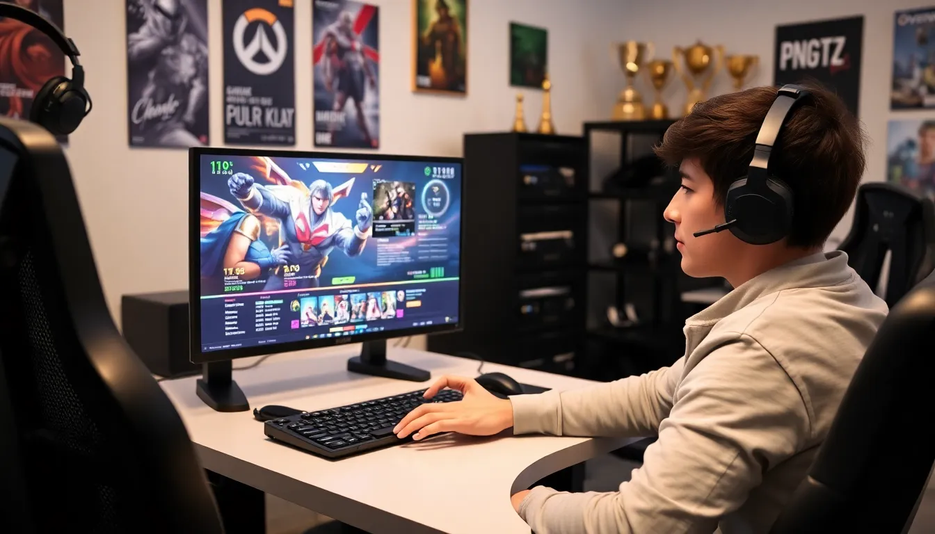 Gamer tracking Overwatch ratings at a modern desk.