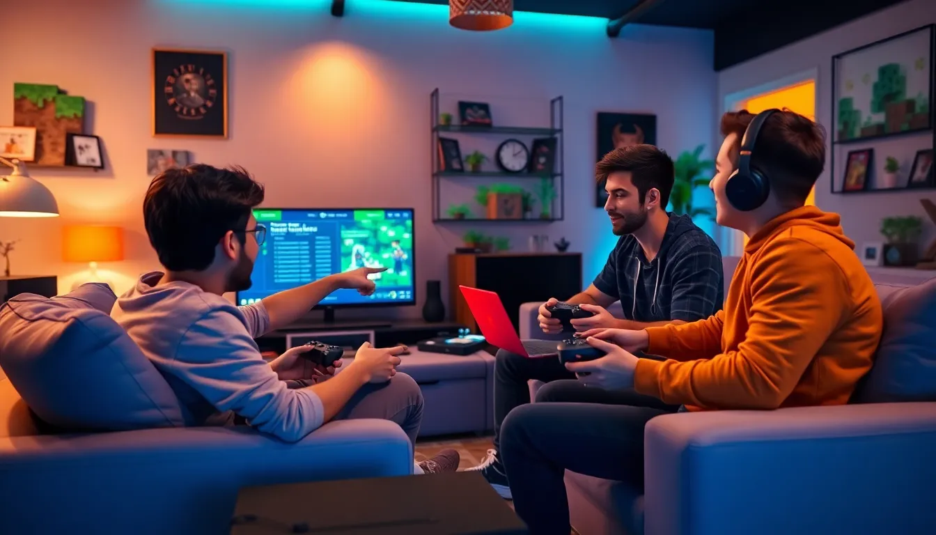 diverse group of gamers playing Minecraft on Xbox in a cozy setting.