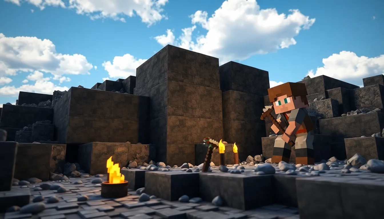 Minecraft character mining coal ore in a rocky landscape.