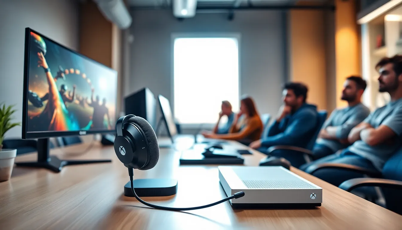 Xbox One gaming headset on a modern gaming desk with diverse gamers.