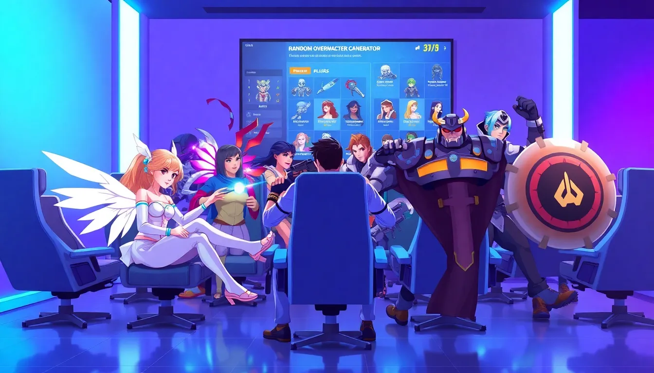 diverse Overwatch characters collaborating in a modern gaming lounge.