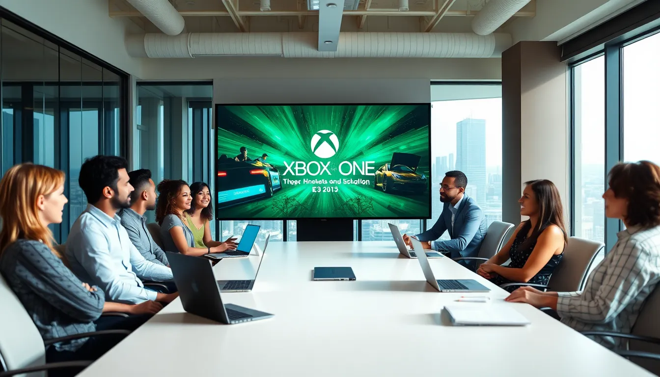diverse team discussing the Xbox One launch in a modern office.